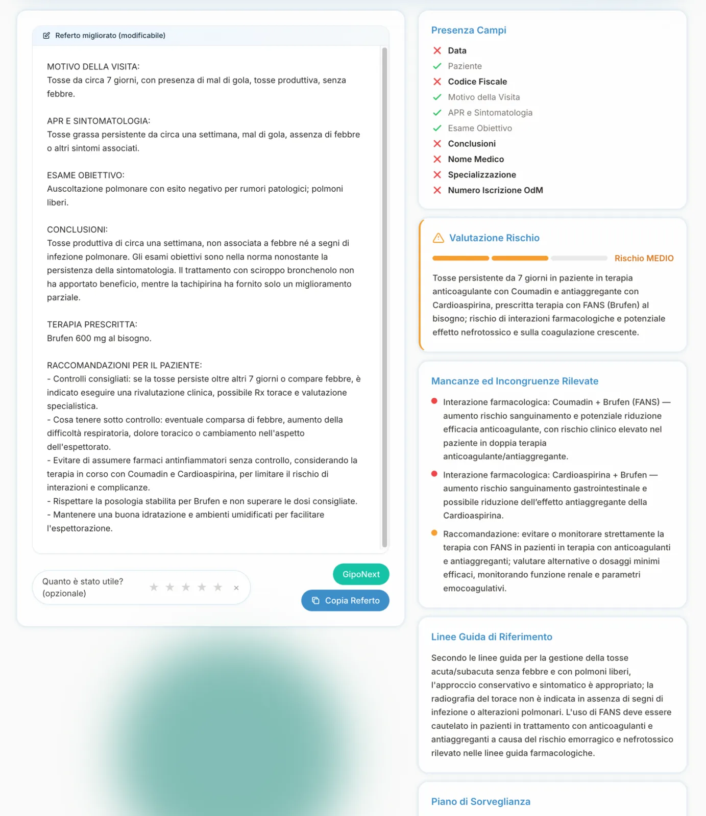 Referto Sicuro: revisione strutturata con presenza campi, valutazione del rischio, incongruenze rilevate e linee guida